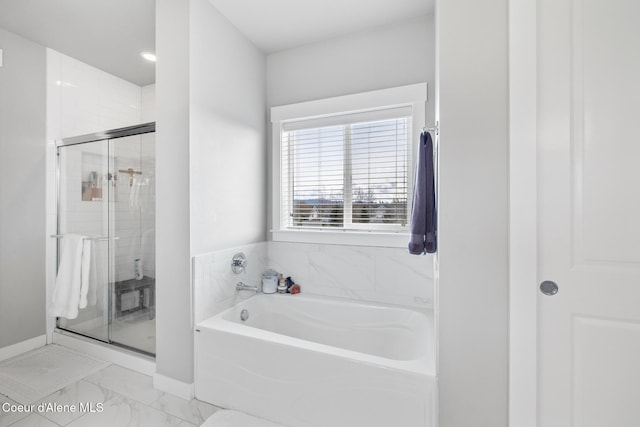 full bathroom with a bath, baseboards, a stall shower, and marble finish floor