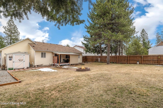 back of property featuring an outbuilding, a yard, a fire pit, and a fenced backyard