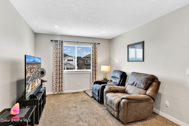 sitting room featuring a textured ceiling, baseboards, and carpet floors