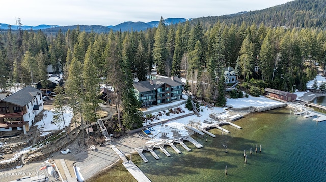 aerial view featuring a water and mountain view and a wooded view