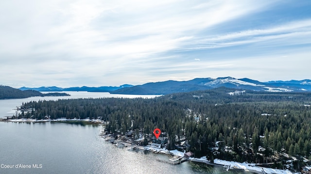 aerial view featuring a water and mountain view and a wooded view