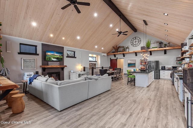 living room featuring a glass covered fireplace, wooden ceiling, light wood-style flooring, and a ceiling fan