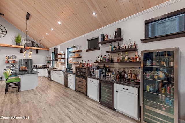 bar with light wood-type flooring, wood ceiling, beverage cooler, and stainless steel refrigerator with ice dispenser