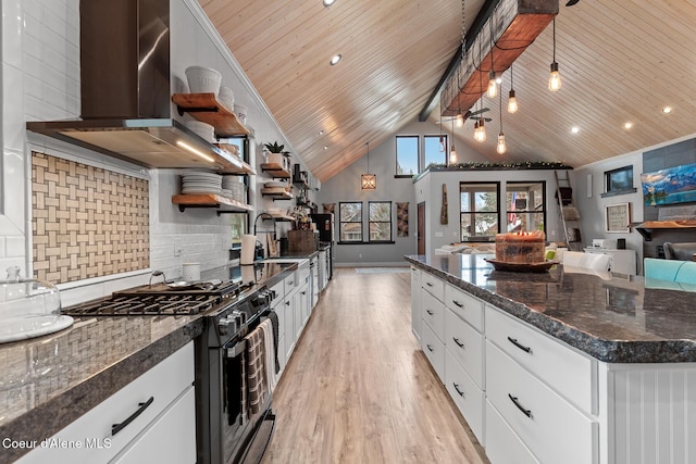 kitchen with open shelves, black range with gas stovetop, wooden ceiling, and ventilation hood