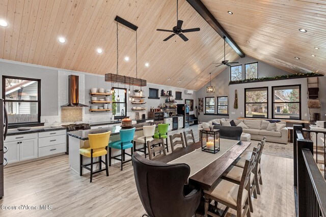 dining room featuring a ceiling fan, high vaulted ceiling, wood ceiling, light wood-style floors, and beamed ceiling