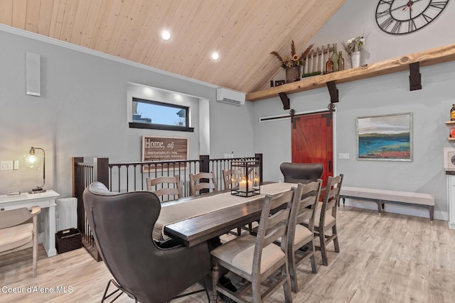 dining room with light wood finished floors, wood ceiling, a wall mounted AC, and lofted ceiling