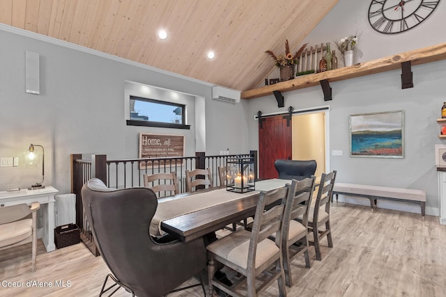 dining room with a barn door, vaulted ceiling, light wood-style flooring, wooden ceiling, and a wall mounted AC