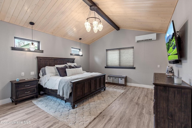 bedroom with light wood-style flooring, a wall mounted AC, lofted ceiling with beams, an inviting chandelier, and wood ceiling