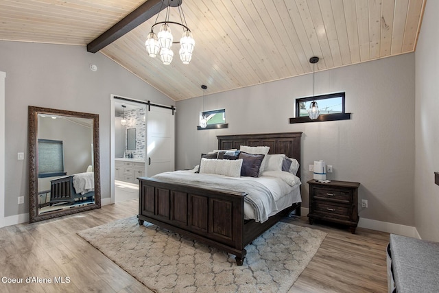 bedroom featuring light wood-style flooring, a barn door, wooden ceiling, baseboards, and vaulted ceiling with beams