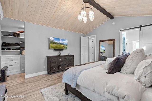 bedroom with light wood-style flooring, lofted ceiling with beams, an inviting chandelier, wooden ceiling, and a spacious closet