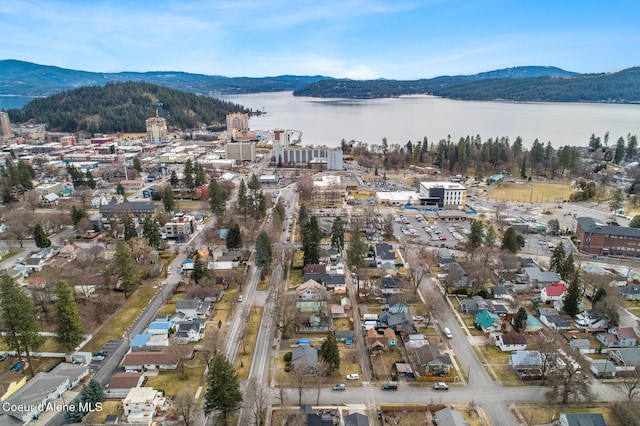 aerial view with a water and mountain view