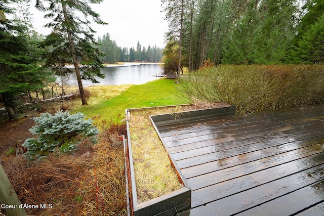 exterior space featuring a lawn and a water view