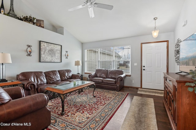 living room featuring high vaulted ceiling, baseboards, ceiling fan, and dark wood-style flooring