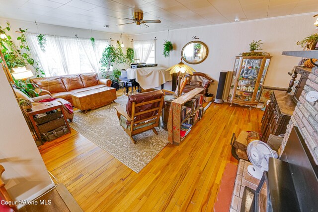 living room featuring crown molding, a fireplace, light wood-style floors, and ceiling fan