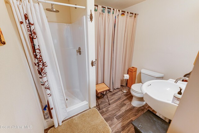 bathroom featuring a shower stall, toilet, wood finished floors, and a sink