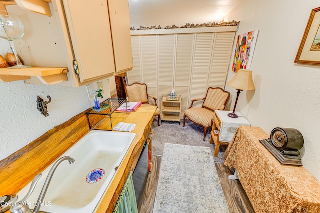 interior space featuring a sink and a textured wall