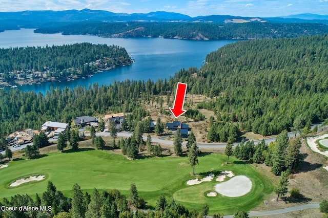 bird's eye view featuring golf course view, a view of trees, and a water and mountain view