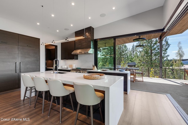 kitchen featuring ventilation hood, a center island with sink, light countertops, a kitchen breakfast bar, and modern cabinets