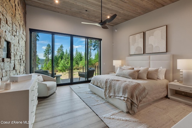 bedroom featuring light wood-type flooring, wood ceiling, and access to exterior