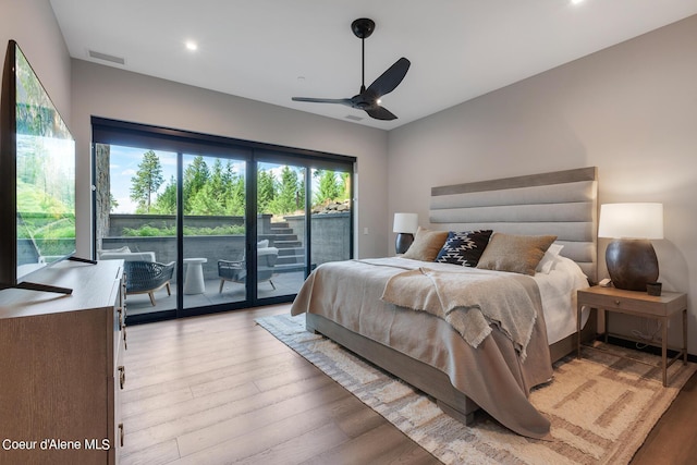 bedroom with ceiling fan, access to exterior, visible vents, and light wood-type flooring