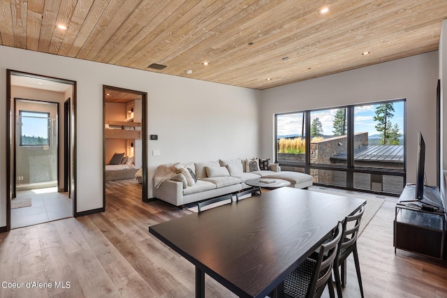 dining area with wooden ceiling, light wood-style flooring, recessed lighting, and visible vents