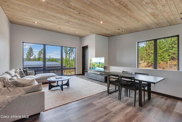 living area featuring recessed lighting, baseboards, wood finished floors, and wooden ceiling