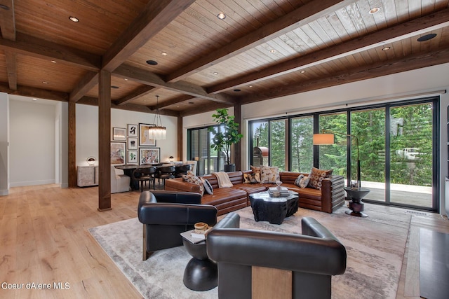 living room featuring beam ceiling, recessed lighting, light wood-style floors, wooden ceiling, and a chandelier