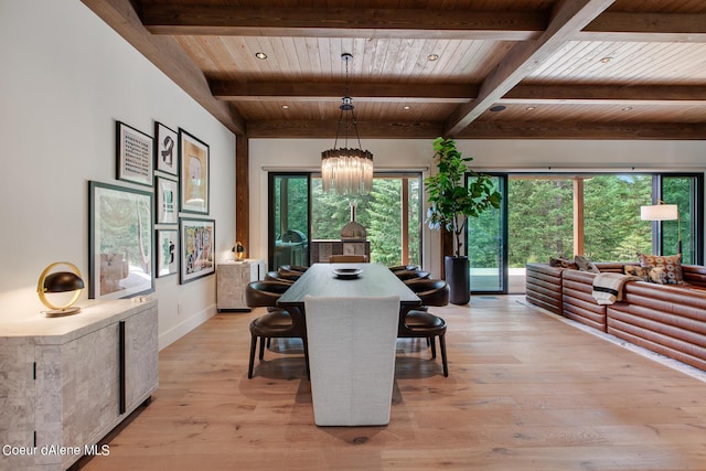 dining area with beam ceiling, light wood-style flooring, wooden ceiling, and an inviting chandelier