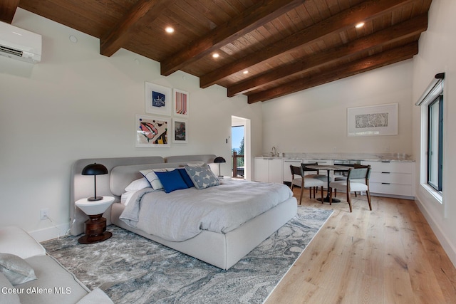 bedroom with a wall mounted air conditioner, light wood-style flooring, recessed lighting, baseboards, and wood ceiling