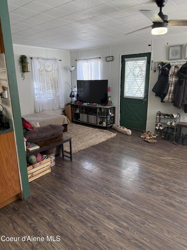 living area with wood finished floors and a ceiling fan