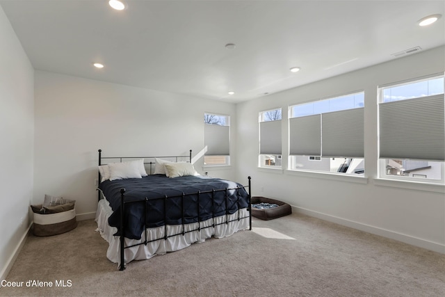 bedroom with visible vents, recessed lighting, baseboards, and carpet floors