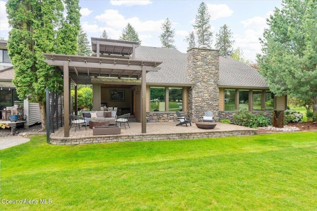 1665 E Club Ln, Hayden Lake, ID 83835 - back of house featuring a patio area, a lawn, outdoor lounge area, a shingled roof, and stone siding