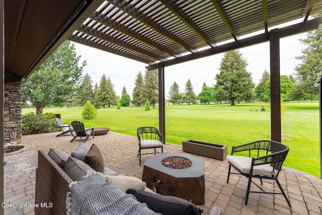 1665 E Club Ln, Hayden Lake, ID 83835 - view of patio featuring a pergola and an outdoor living space with a fire pit