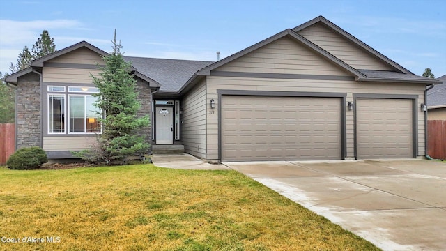 ranch-style home featuring stone siding, concrete driveway, a front yard, a shingled roof, and a garage