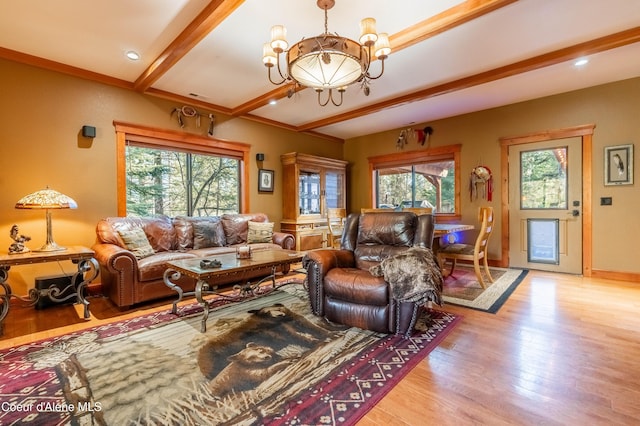 living room featuring an inviting chandelier, beam ceiling, recessed lighting, and wood finished floors