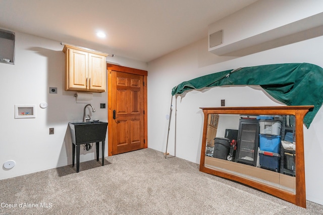 interior space with carpet, hookup for an electric dryer, cabinet space, washer hookup, and hookup for a gas dryer