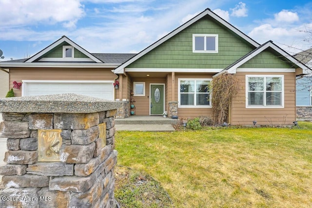 craftsman inspired home featuring stone siding, an attached garage, and a front lawn