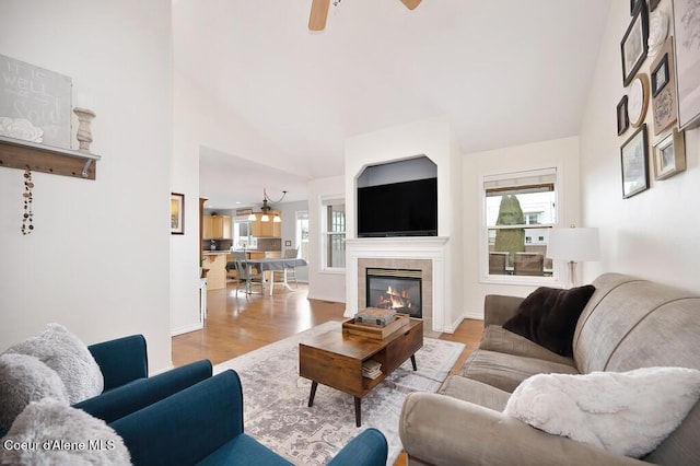 living area featuring light wood finished floors, plenty of natural light, and a ceiling fan