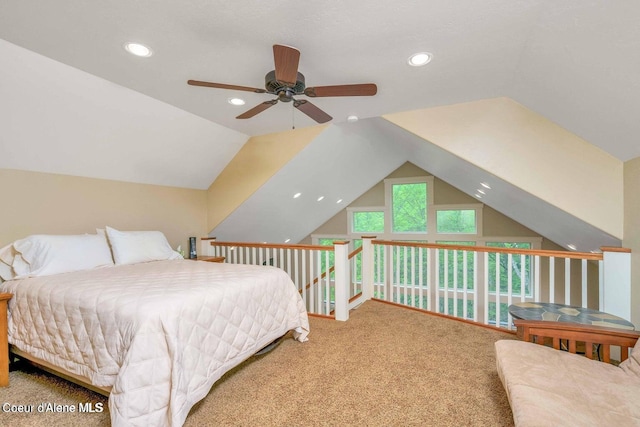 carpeted bedroom with recessed lighting and vaulted ceiling