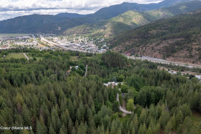 bird's eye view featuring a forest view and a mountain view