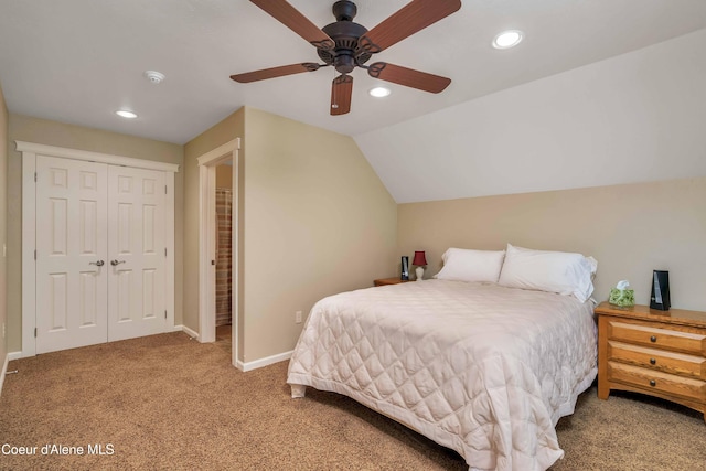 bedroom featuring carpet flooring, recessed lighting, baseboards, and lofted ceiling