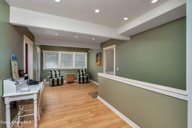 office with recessed lighting, baseboards, and light wood-style floors