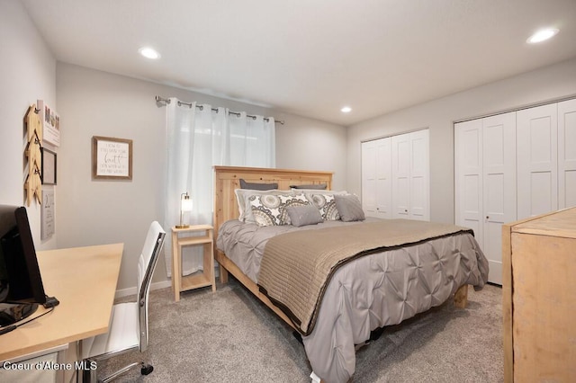 bedroom with recessed lighting, baseboards, multiple closets, and carpet flooring