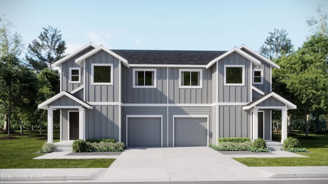 modern farmhouse style home with board and batten siding, roof with shingles, a front yard, driveway, and an attached garage