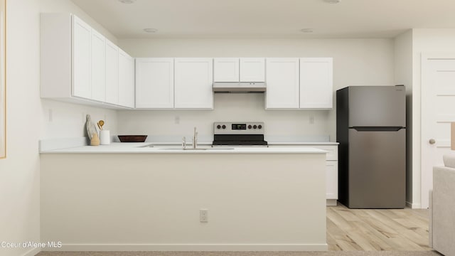 kitchen with under cabinet range hood, appliances with stainless steel finishes, a peninsula, and white cabinetry