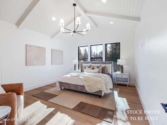 bedroom with wood finished floors, baseboards, an inviting chandelier, lofted ceiling with beams, and recessed lighting