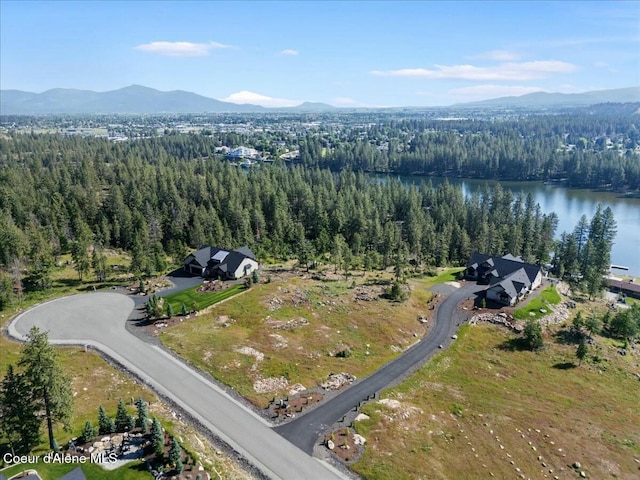 birds eye view of property with a wooded view and a water and mountain view