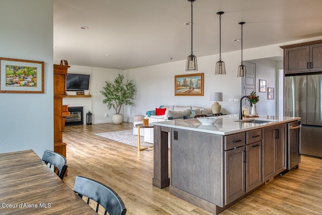 kitchen with a sink, appliances with stainless steel finishes, a glass covered fireplace, and light wood finished floors