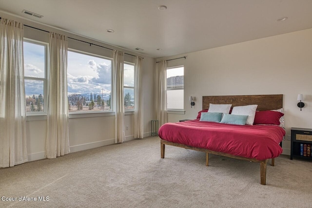 carpeted bedroom with baseboards and visible vents