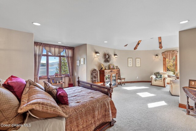 bedroom featuring carpet flooring, recessed lighting, and baseboards